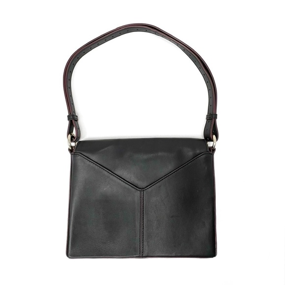 Pour La Victoire Slim Profile Shoulder Bag Black Leather Cherry Edging Flap Top - Picture 2 of 11